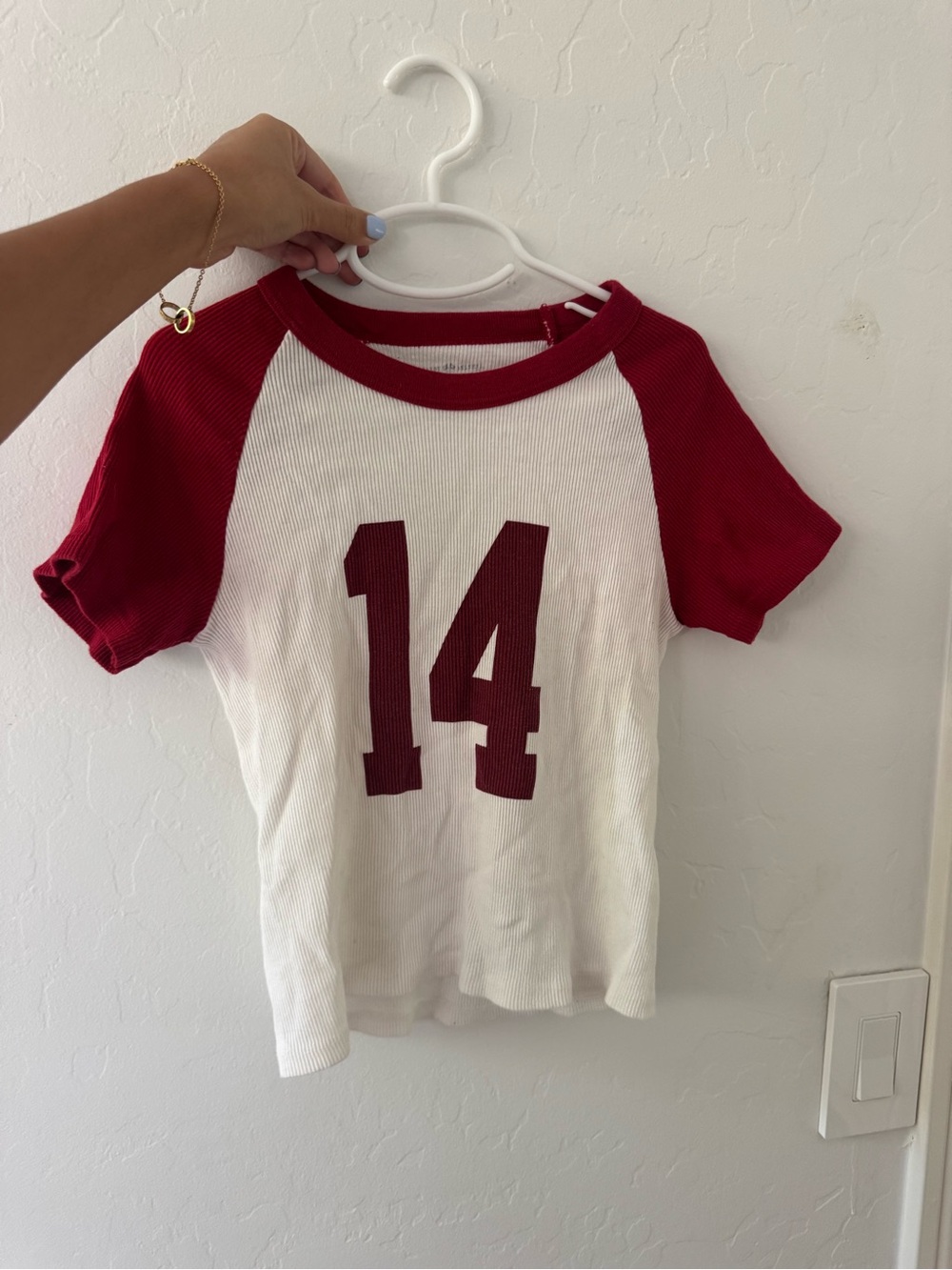 Brandy Melville White Tee with Red Raglan Sleeves and '14' Front Print